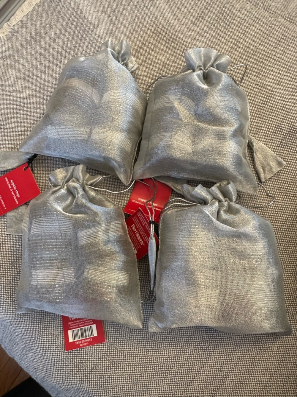 Pier One- Set of 4 Shimmery Silver Bags w/ 16 Beaded Napkin Rings- BNWT